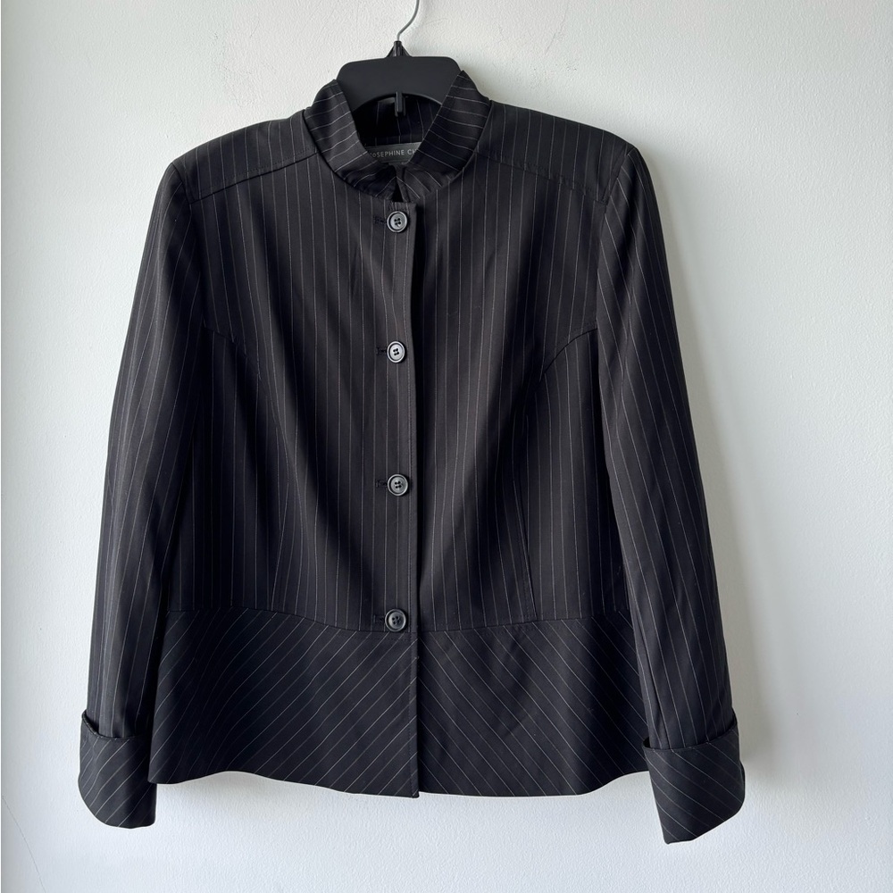 VTG Josephine Chaus Blazer Black Stripe Mandarin Collar Women 16 Office 90s